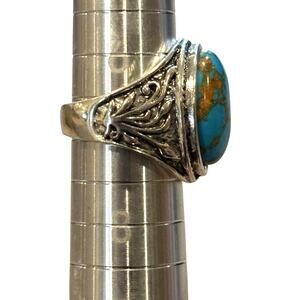 Oval Large Faux Turquoise Bezel Set Statement Ring Ornate Shank Silver Tone 7